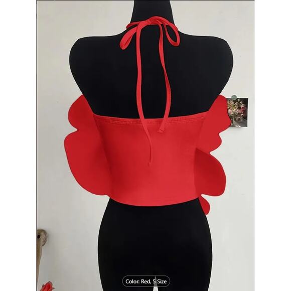 Red Oversized 3D Flower Halter Crop Top –  Backless Party & Festival Blouse - Picture 2 of 5